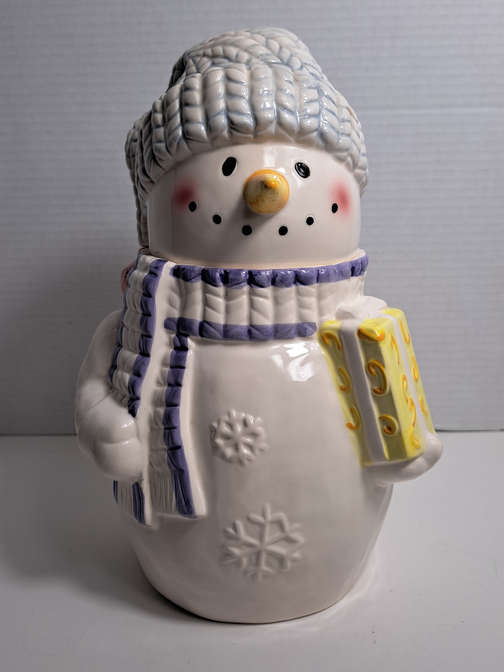 Ceramic Snowman Cookie Jar 11 inches Tall w/Blue Knitted Cap and Matching Scarf
